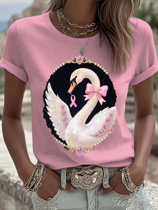 Vintage Breast Cancer Swan Pearls Print Casual Cotton Short Sleeve T-Shirt