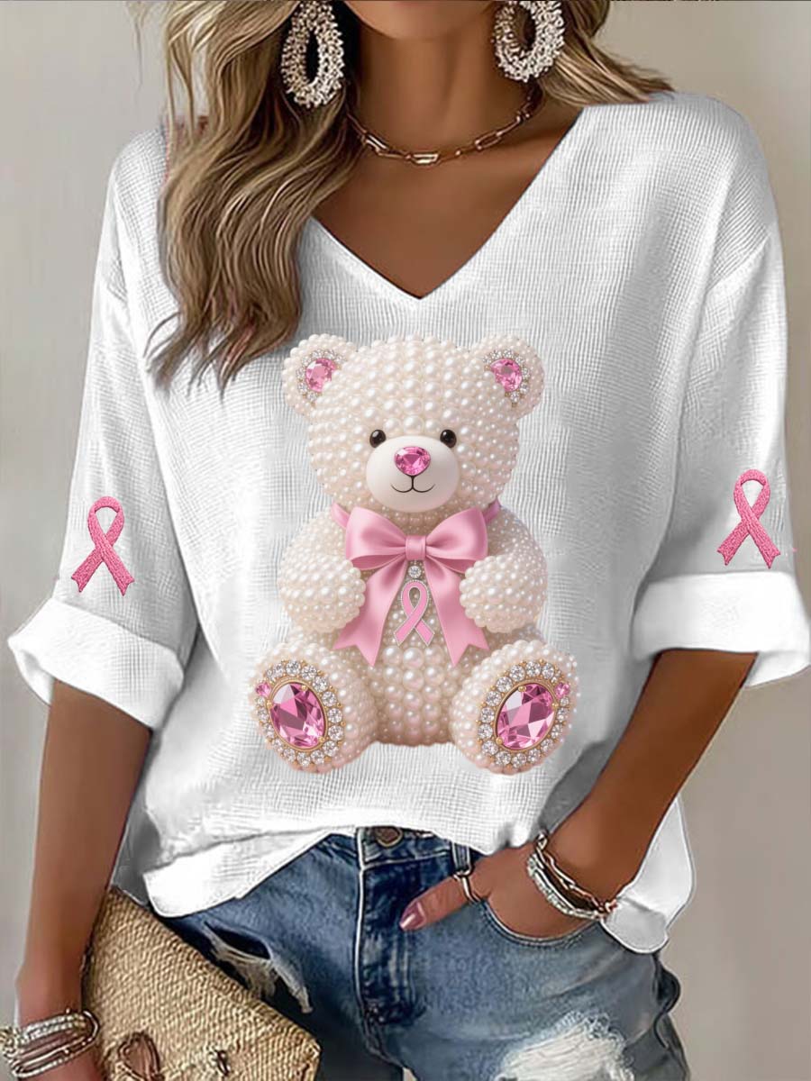 Vintage Breast Cancer Bear Pearls Abstract Print Casual Cotton Long Sleeve T-Shirt