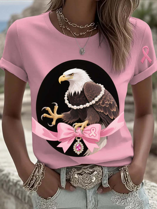 Vintage Breast Cancer Eagle Pearls Print Casual Cotton Short Sleeve T-Shirt