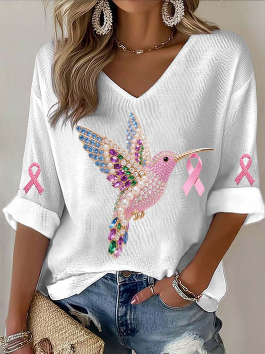 Vintage Breast Cancer Hummingbird Colorful Pearls Abstract Print Casual Cotton Long Sleeve T-Shirt