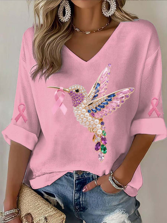 Vintage Breast Cancer Hummingbird Colorful Pearls Abstract Print Casual Cotton Long Sleeve T-Shirt