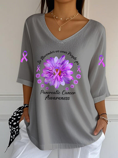 Women's Pancreatic Cancer Awareness Print V-Neck Half-Sleeve T-Shirt