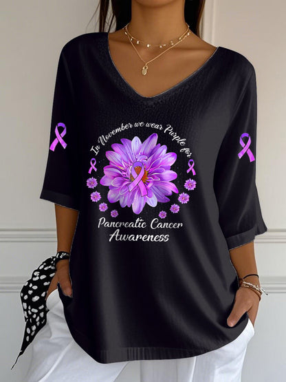 Women's Pancreatic Cancer Awareness Print V-Neck Half-Sleeve T-Shirt