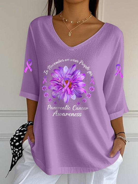 Women's Pancreatic Cancer Awareness Print V-Neck Half-Sleeve T-Shirt