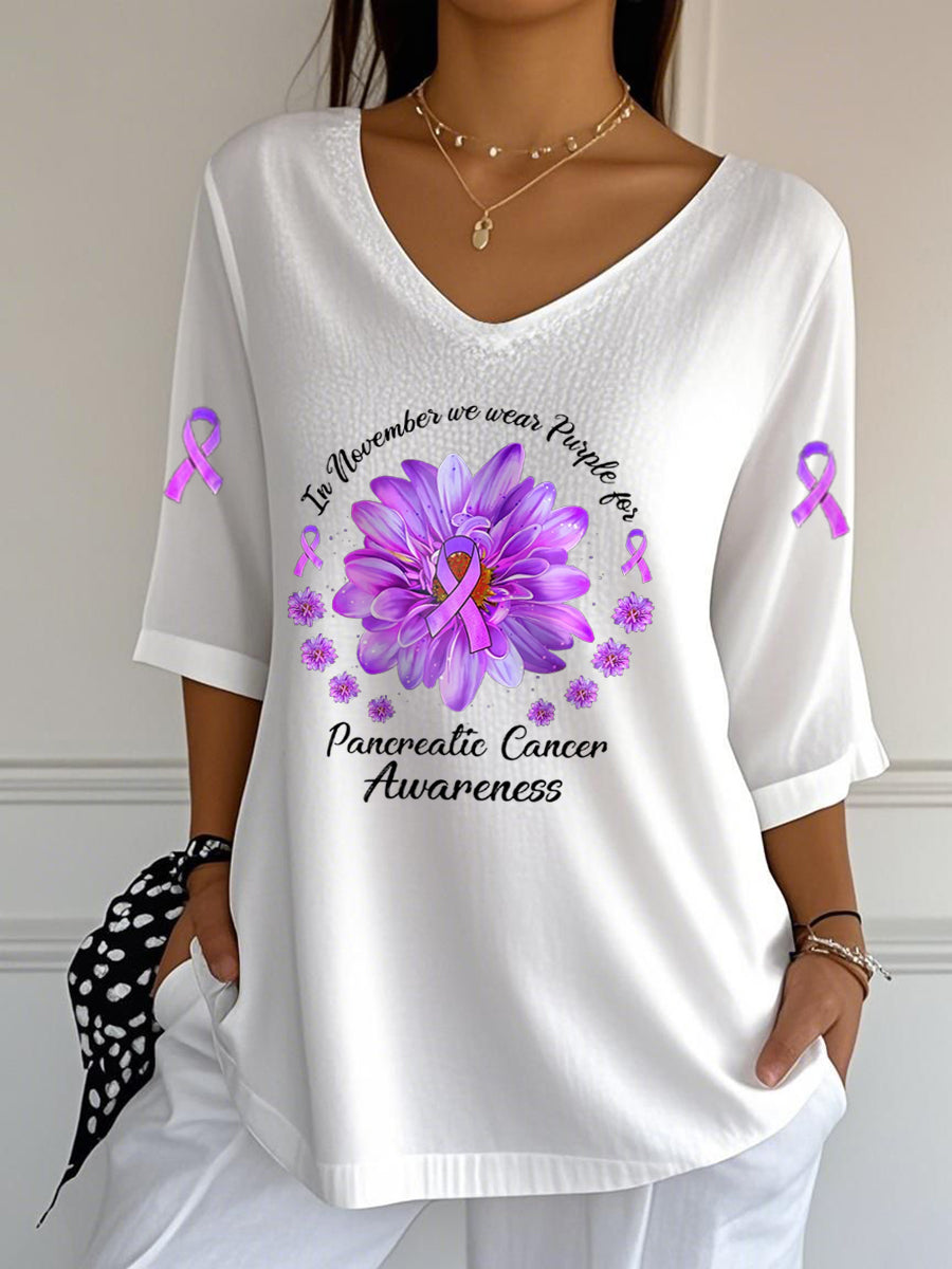 Women's Pancreatic Cancer Awareness Print V-Neck Half-Sleeve T-Shirt