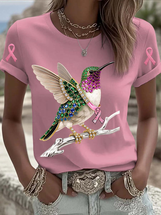 Vintage Breast Cancer Hummingbird Pearls Print Comfortable Casual Cotton Short-sleeved T-shirt