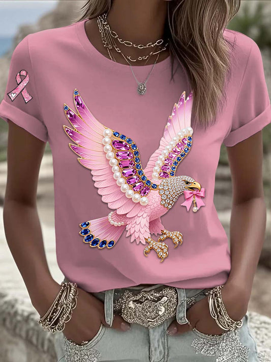 Vintage Breast Cancer Eagle Pearls Print Comfortable Casual Cotton Short-sleeved T-shirt