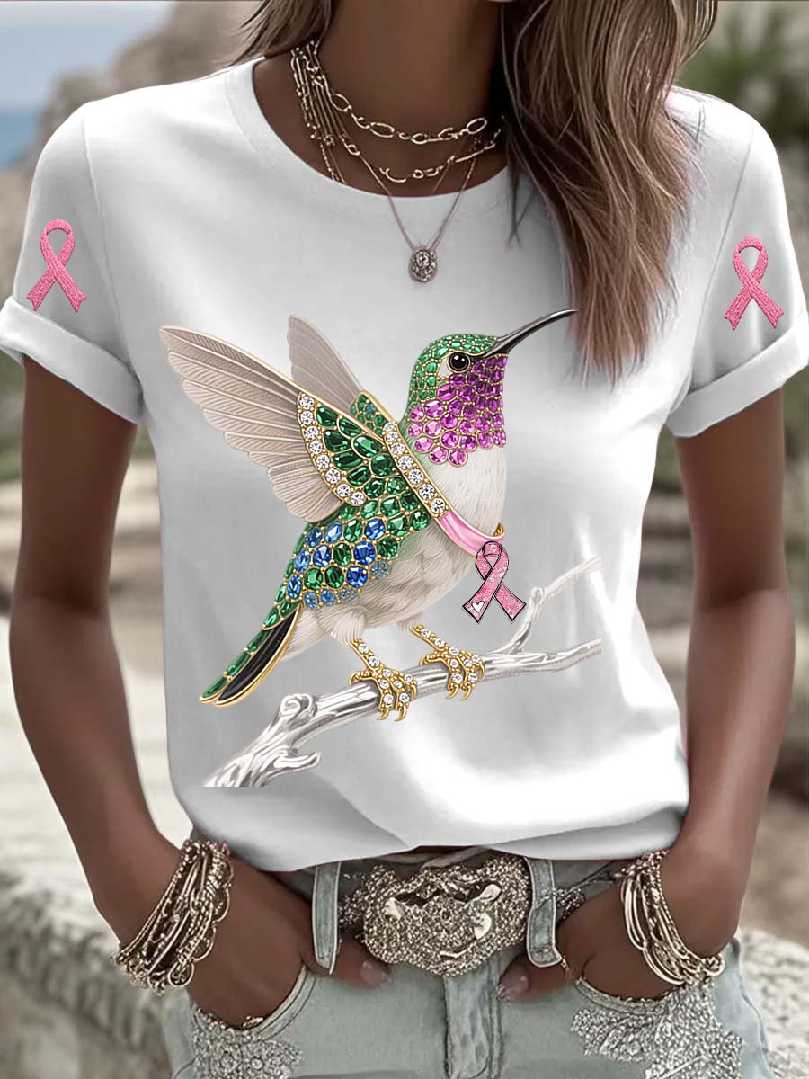 Vintage Breast Cancer Hummingbird Pearls Print Comfortable Casual Cotton Short-sleeved T-shirt