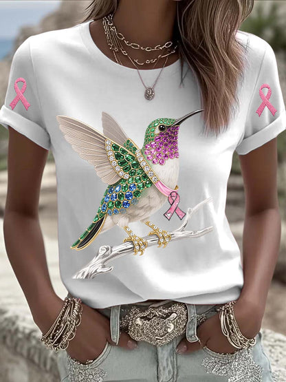Vintage Breast Cancer Hummingbird Pearls Print Comfortable Casual Cotton Short-sleeved T-shirt