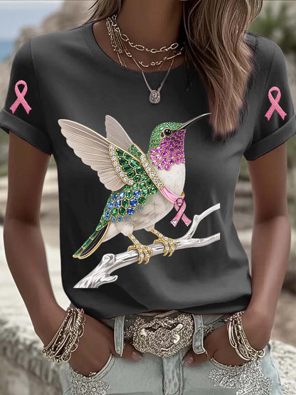 Vintage Breast Cancer Hummingbird Pearls Print Comfortable Casual Cotton Short-sleeved T-shirt