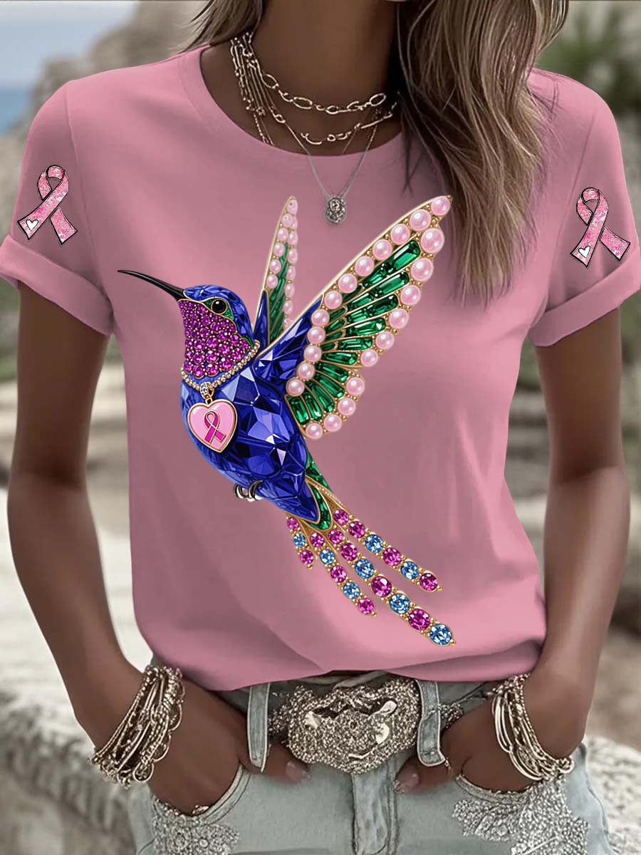 Vintage Breast Cancer Hummingbird Pearls Print Comfortable Casual Cotton Short-sleeved T-shirt