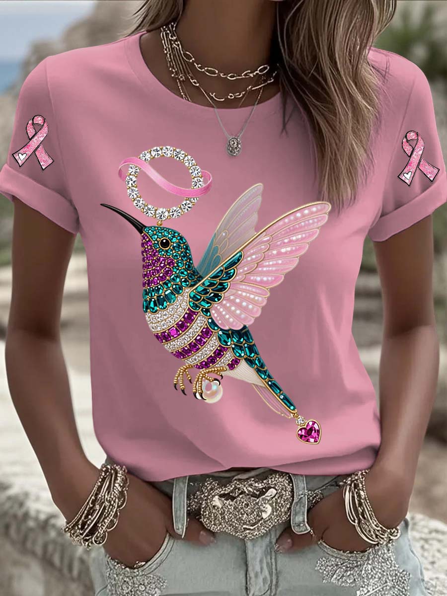 Vintage Breast Cancer Hummingbird Pearls Print Comfortable Casual Cotton Short-sleeved T-shirt