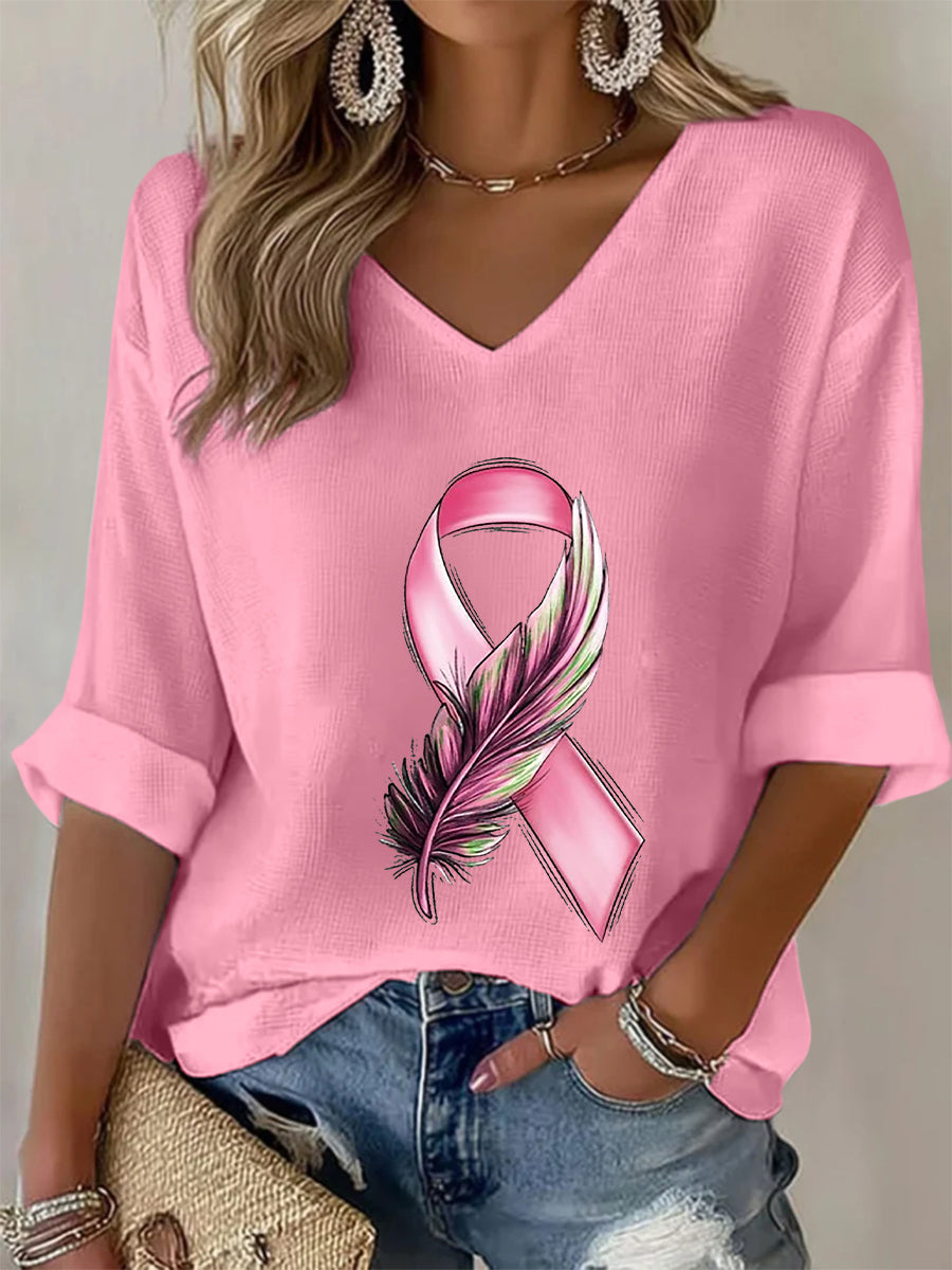 Women's Breast Cancer Awareness Pink Ribbon Waffle T-shirt
