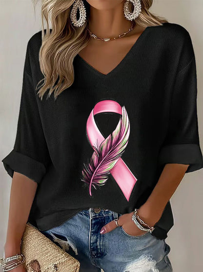 Women's Breast Cancer Awareness Pink Ribbon Waffle T-shirt