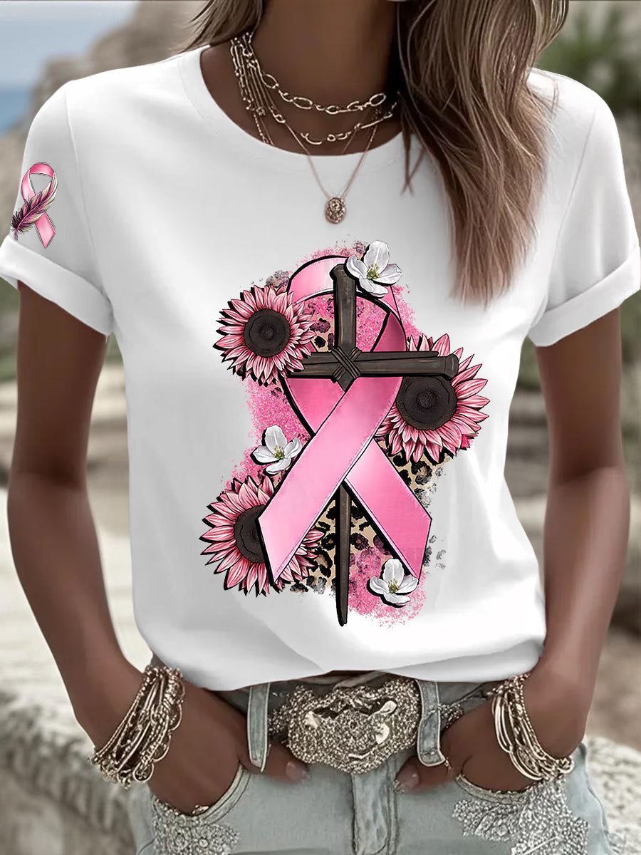 Women's Breast Cancer Awareness Pink Ribbon Short Sleeve T-shirt