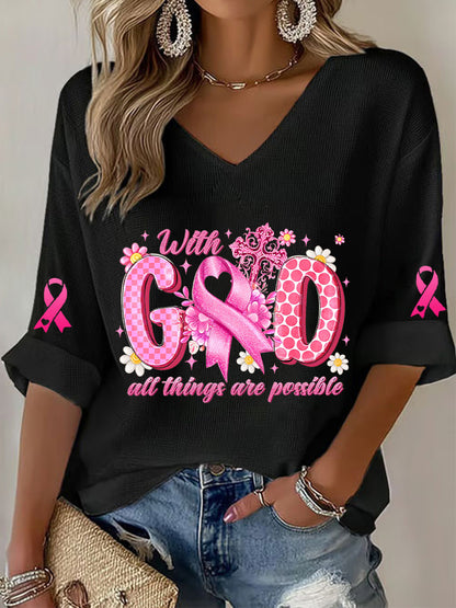 Women's Breast Cancer Awareness Pink Ribbon Waffle T-shirt