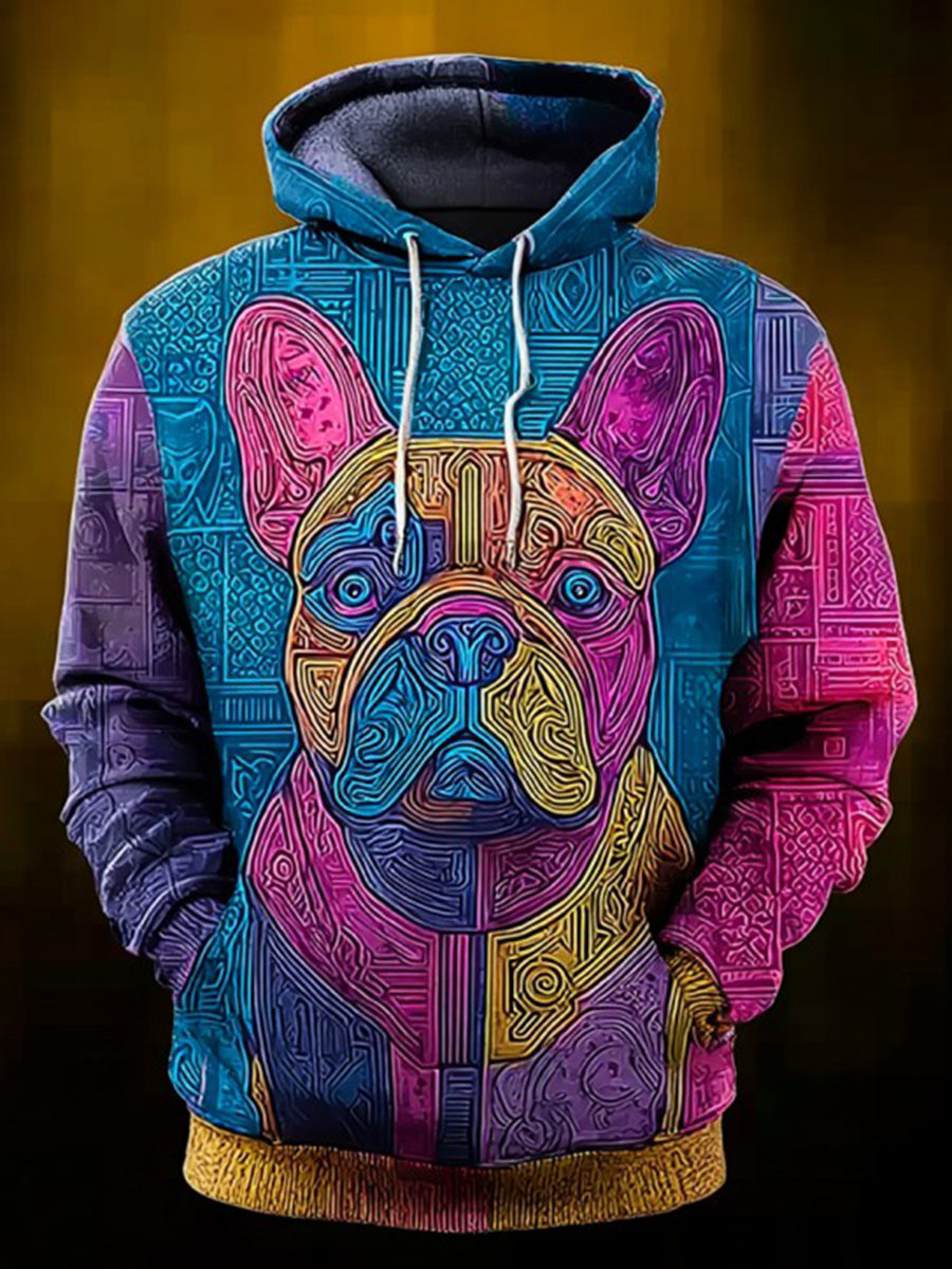 Vintage Patchwork Dog Print Art Casual Hoodie