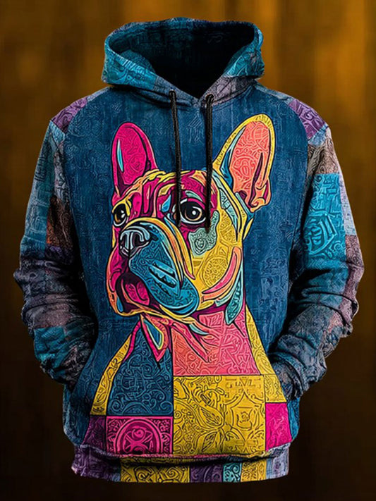 Vintage Patchwork Dog Print Art Casual Hoodie