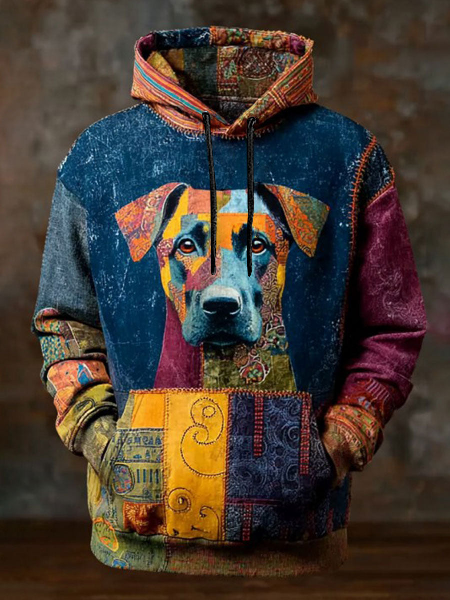 Vintage Patchwork Dog Print Art Casual Hoodie