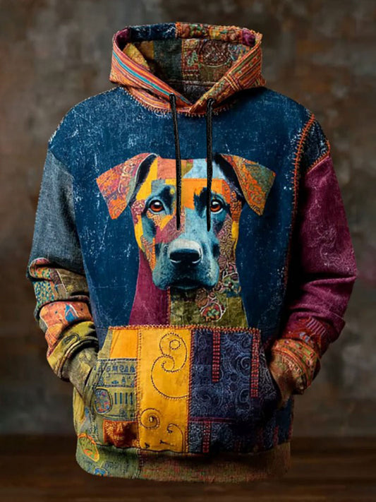 Vintage Patchwork Dog Print Art Casual Hoodie