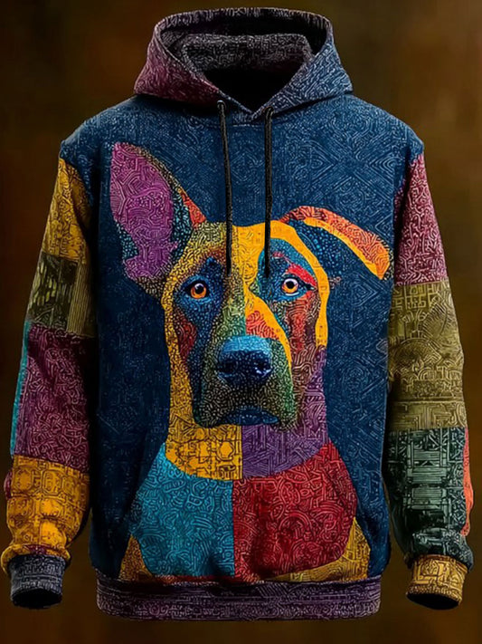 Vintage Patchwork Dog Print Art Casual Hoodie