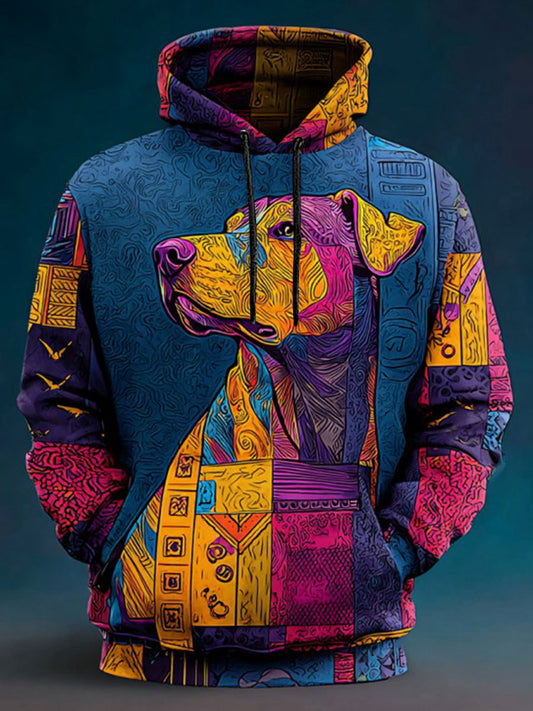 Vintage Patchwork Dog Print Art Casual Hoodie