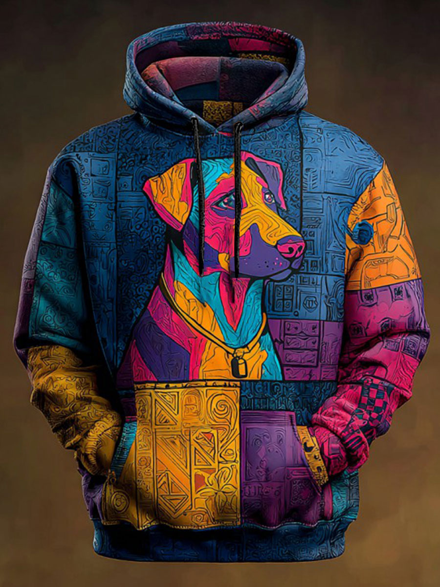 Vintage Patchwork Dog Print Art Casual Hoodie