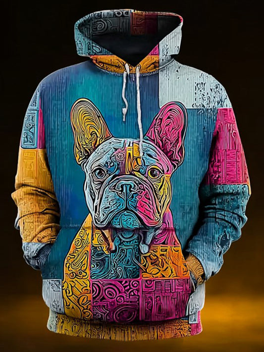 Vintage Patchwork Dog Print Art Casual Hoodie