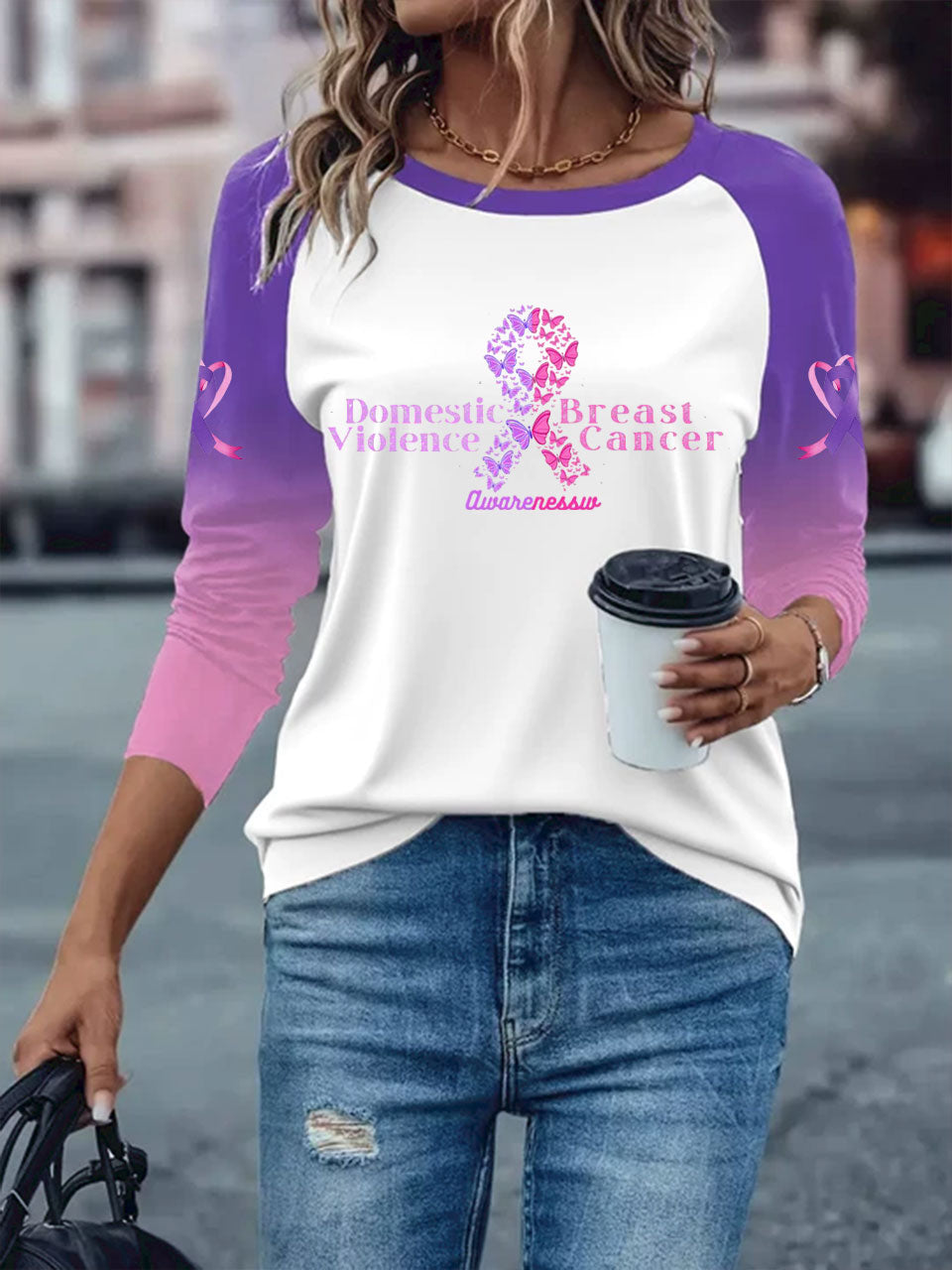 Women's Breast Cancer long-sleeved T-shirt with dropped shoulders