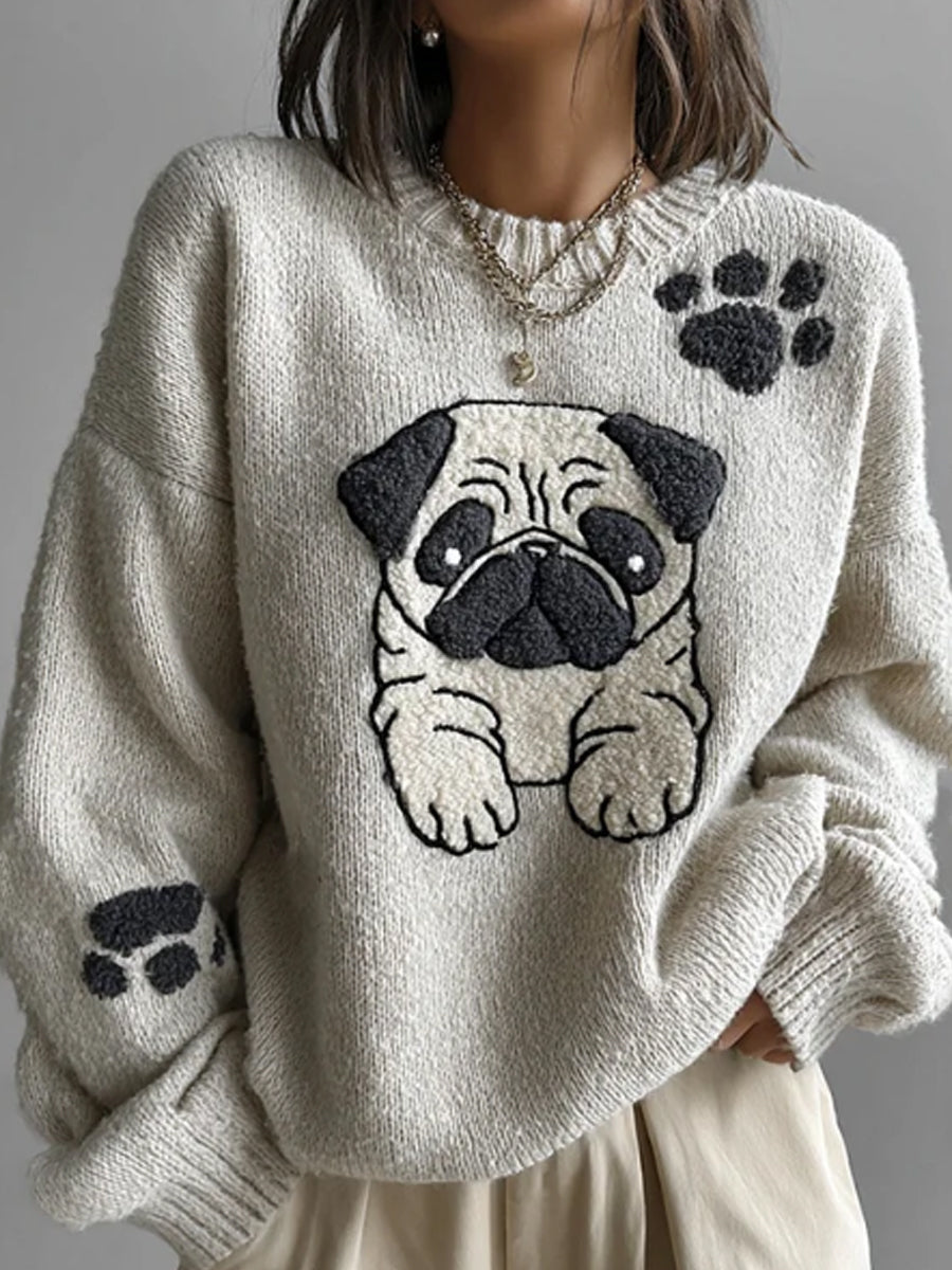 Women's Lovely Cute Pug Embroidery Art Loose Cozy Knit Sweater