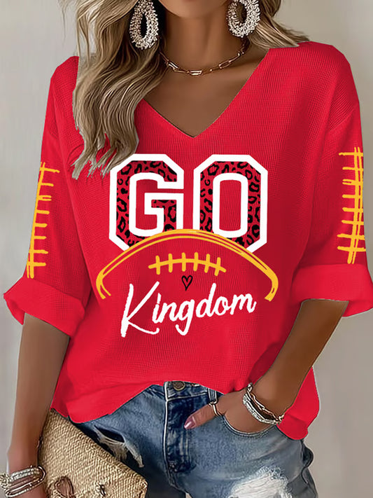 Women's Go Red Kingdom Football Fans Lovers Gameday Casual V-Neck Top