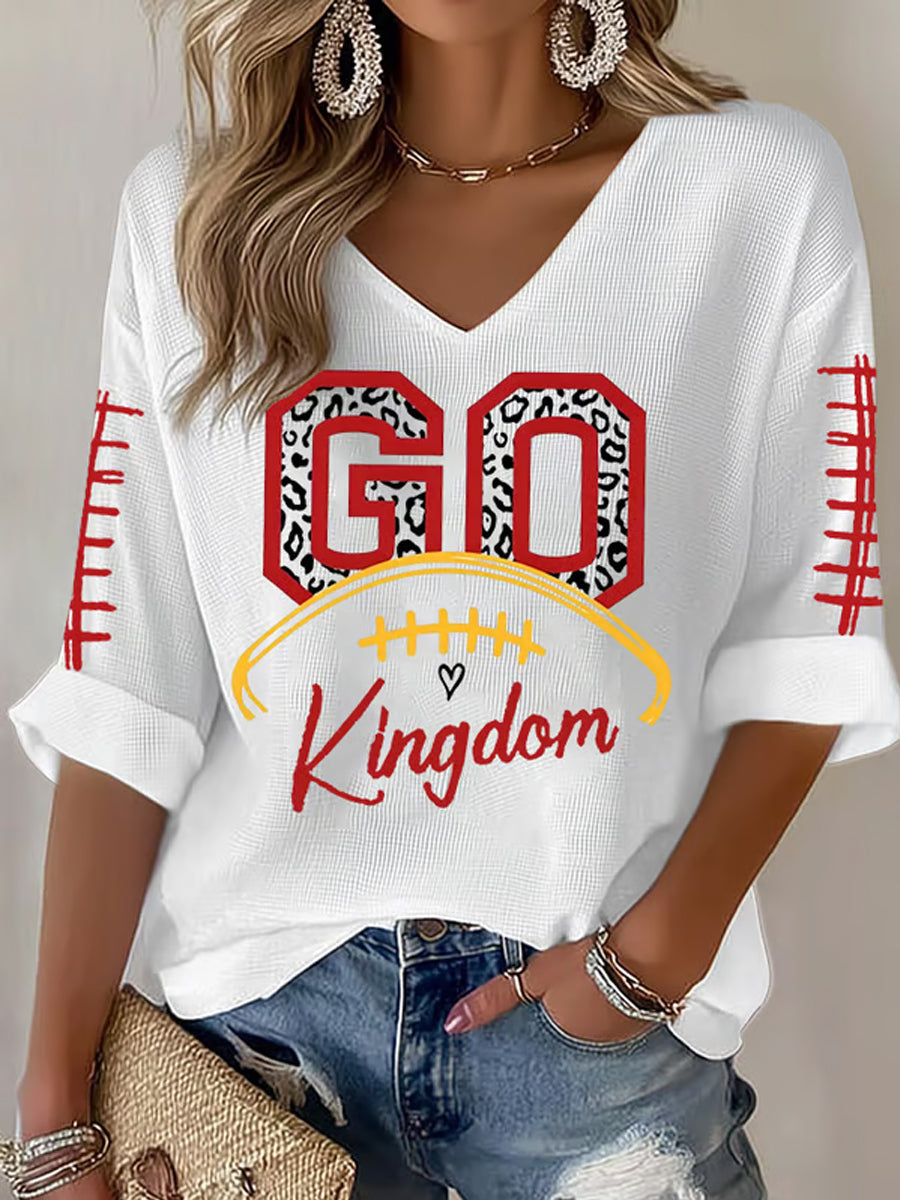 Women's Go Red Kingdom Football Fans Lovers Gameday Casual V-Neck Top