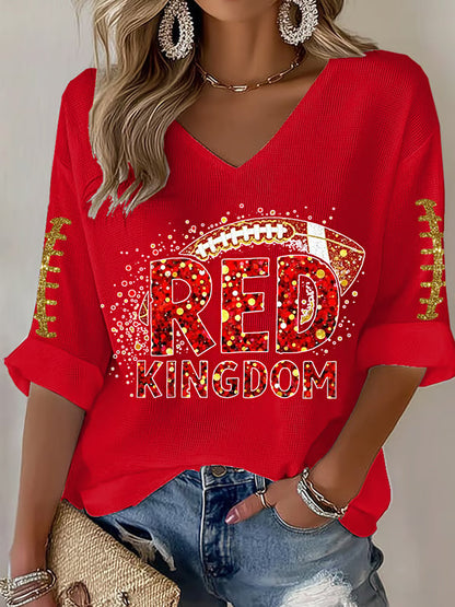 Women's Red Kingdom Football Fans Lovers Gameday Casual V-Neck Top