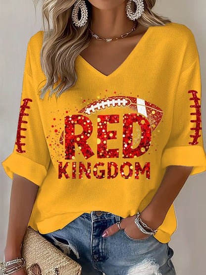 Women's Red Kingdom Football Fans Lovers Gameday Casual V-Neck Top