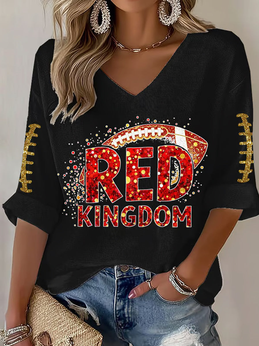 Women's Red Kingdom Football Fans Lovers Gameday Casual V-Neck Top