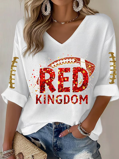 Women's Red Kingdom Football Fans Lovers Gameday Casual V-Neck Top
