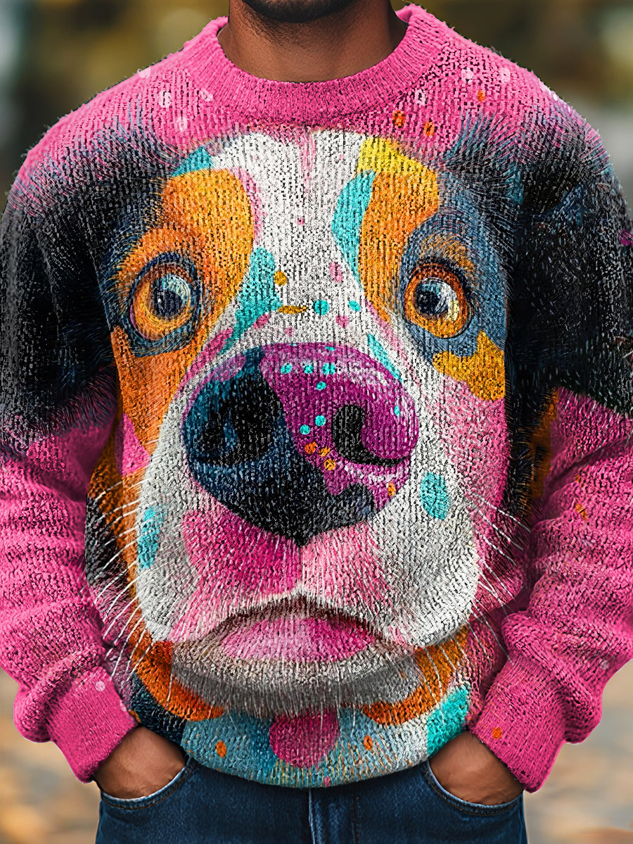 Men's Coloful Art Dog Knit Sweater