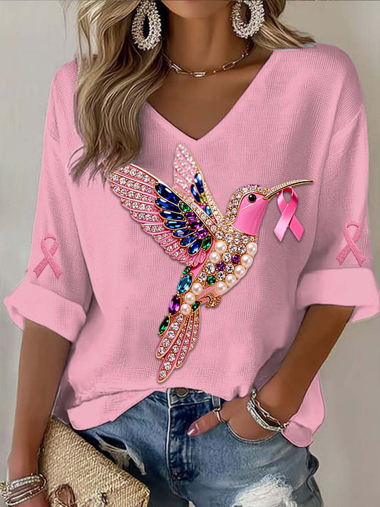 Vintage Vintage Hummingbird Colorful Pearls Breast Cancer Abstract Print Casual Cotton Long Sleeve T-Shirt