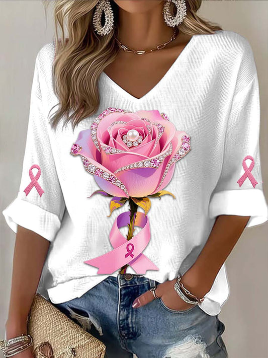 Vintage Rose Pearl Breast Cancer Print Casual Cotton Long Sleeve T-Shirt