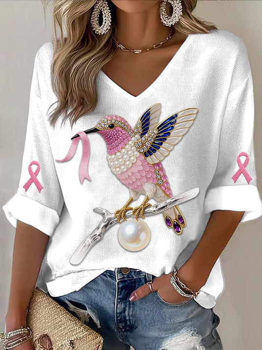 Vintage Vintage Hummingbird Colorful Pearls Breast Cancer Print Casual Cotton Long Sleeve T-Shirt