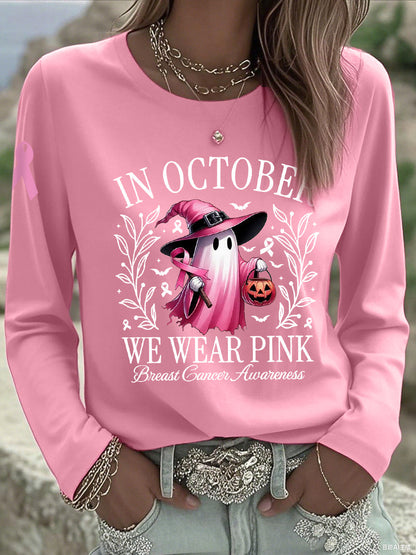 Women's In October We Wear Pink Halloween Pink Ghost Breast Cancer Awareness Support  Long Sleeve T-Shirt