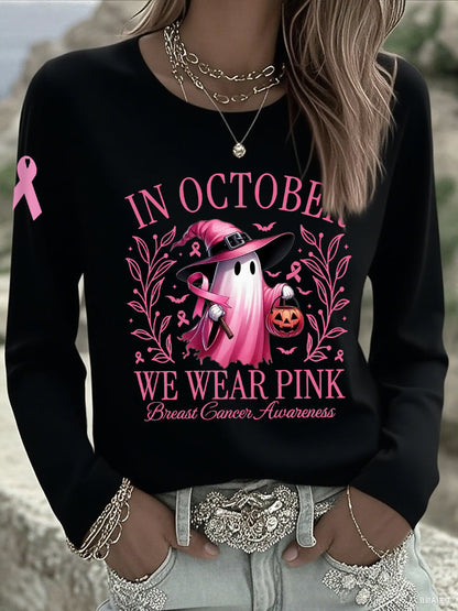 Women's In October We Wear Pink Halloween Pink Ghost Breast Cancer Awareness Support  Long Sleeve T-Shirt
