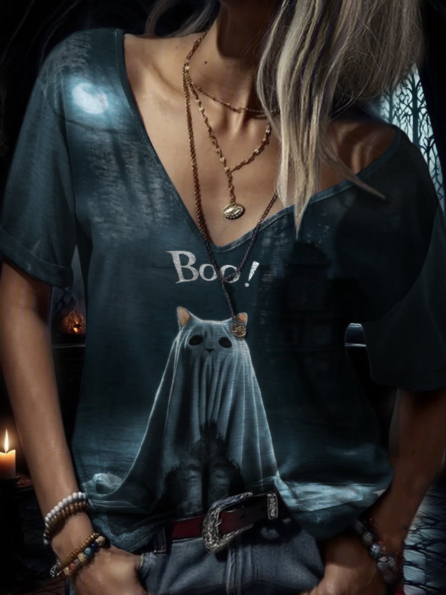 Women's Halloween Funny Cat Printed T-shirt