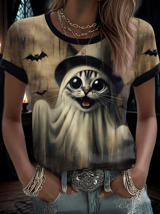 Women's Halloween Funny Cat Printed T-shirt