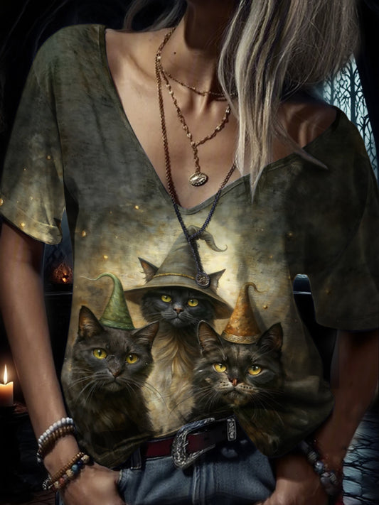 Women's Halloween Funny Cat Printed T-shirt