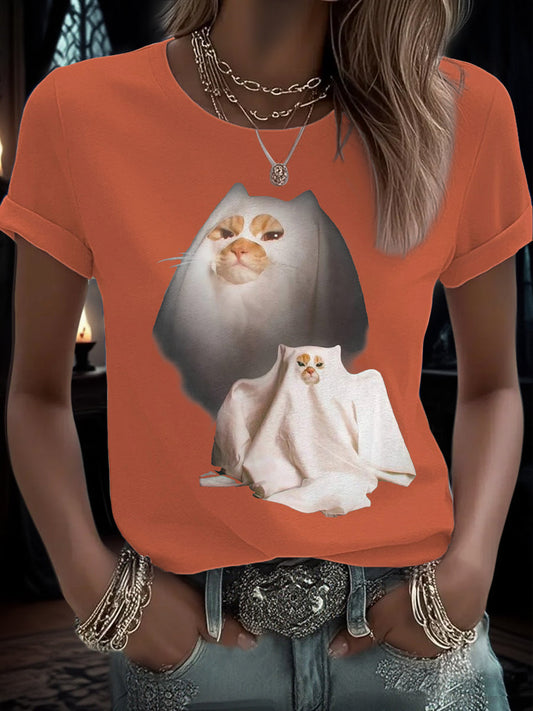 Women's Halloween Funny Cat Printed T-shirt
