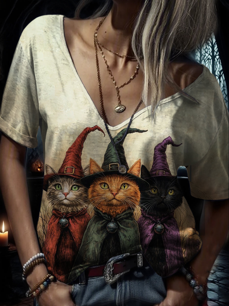 Women's Halloween Funny Cat Printed T-shirt