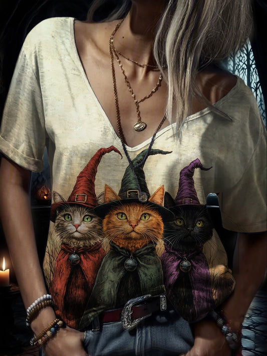 Women's Halloween Funny Cat Printed T-shirt