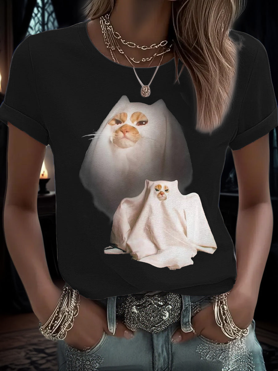 Women's Halloween Funny Cat Printed T-shirt