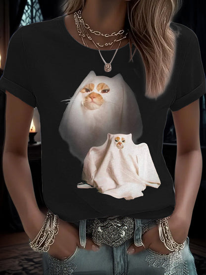 Women's Halloween Funny Cat Printed T-shirt